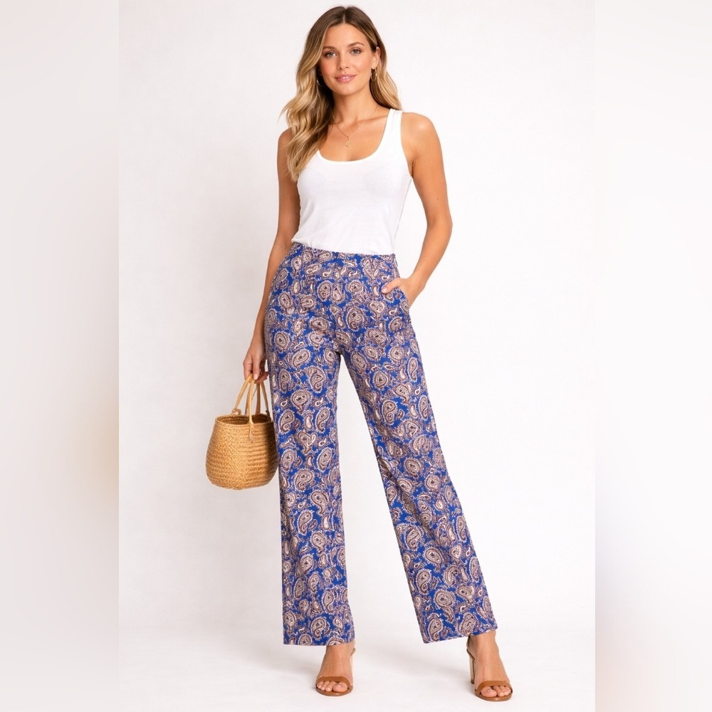 Banana Republic Avery Crop Pants Womens 8 Blue Paisley Mid Rise Straight Leg